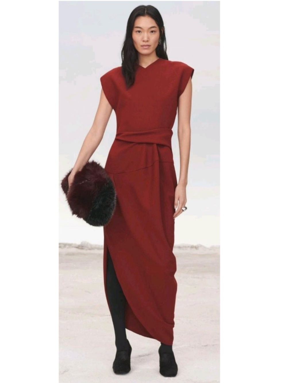 NWT Zara A/W 2024 Stretch Crepe Cap Sleeve Ruched Sheath Maxi Dress Red Medium